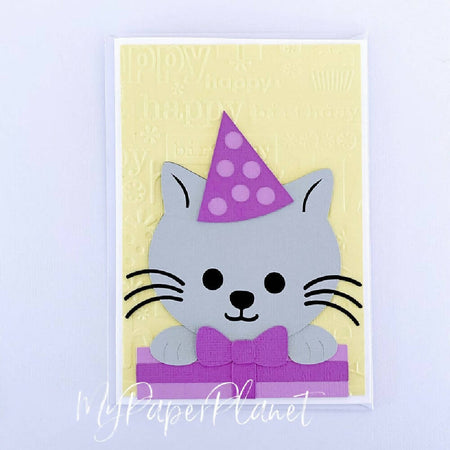 Birthday Present Cat greeting card. Kitty with gift, blank card.