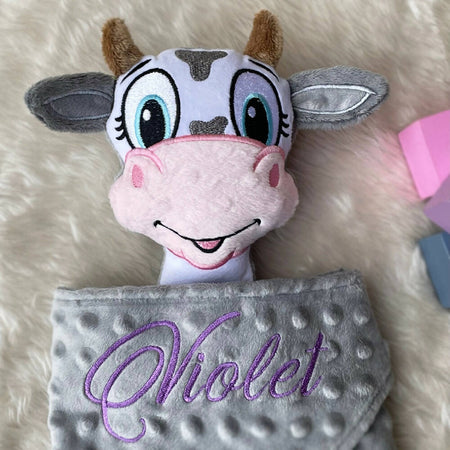 Baby comforter, Embroidered name, Cow themed Ruggybud, Made to order