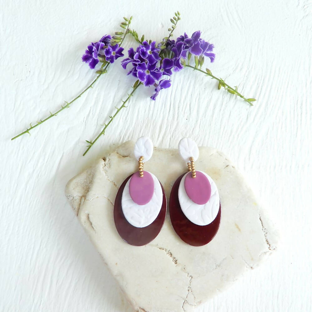 Pink & White Layered Polymer Clay Earrings "Odette Pink"