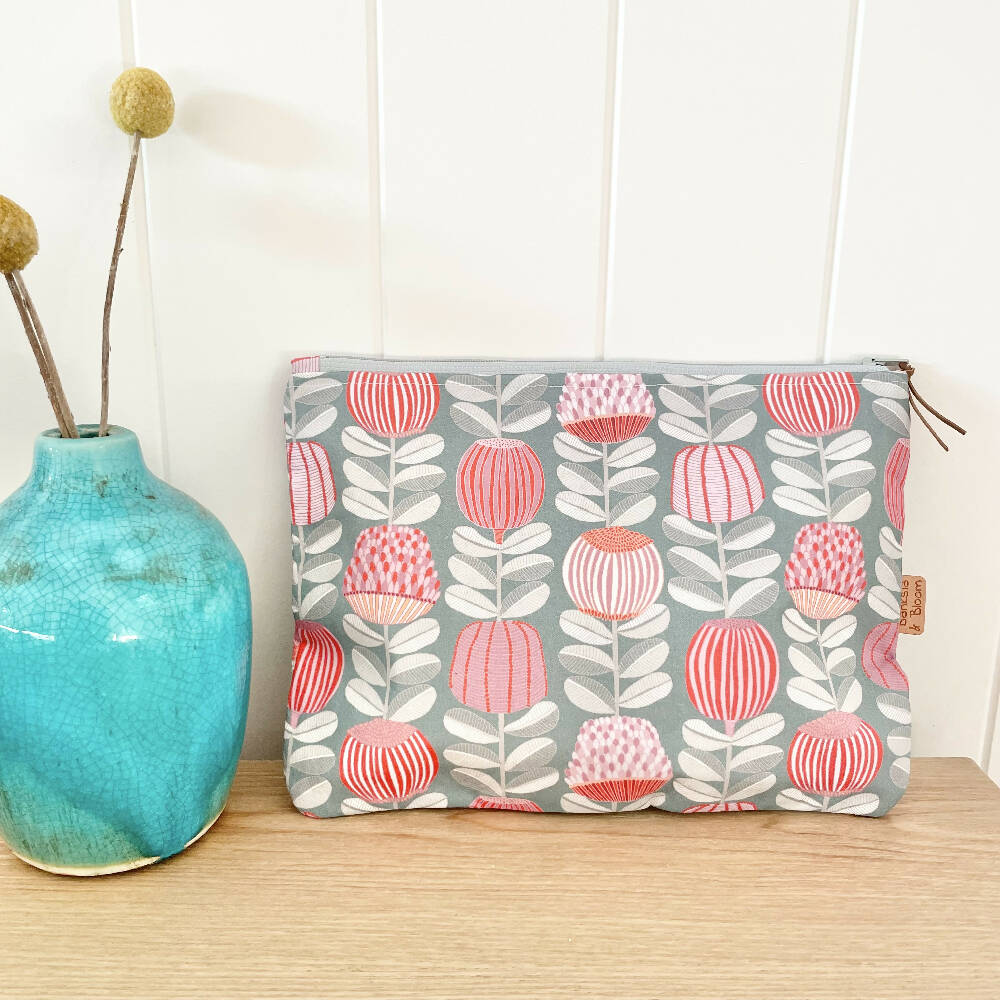 Large Zipper Pouch~ Proteas Grey and Pink