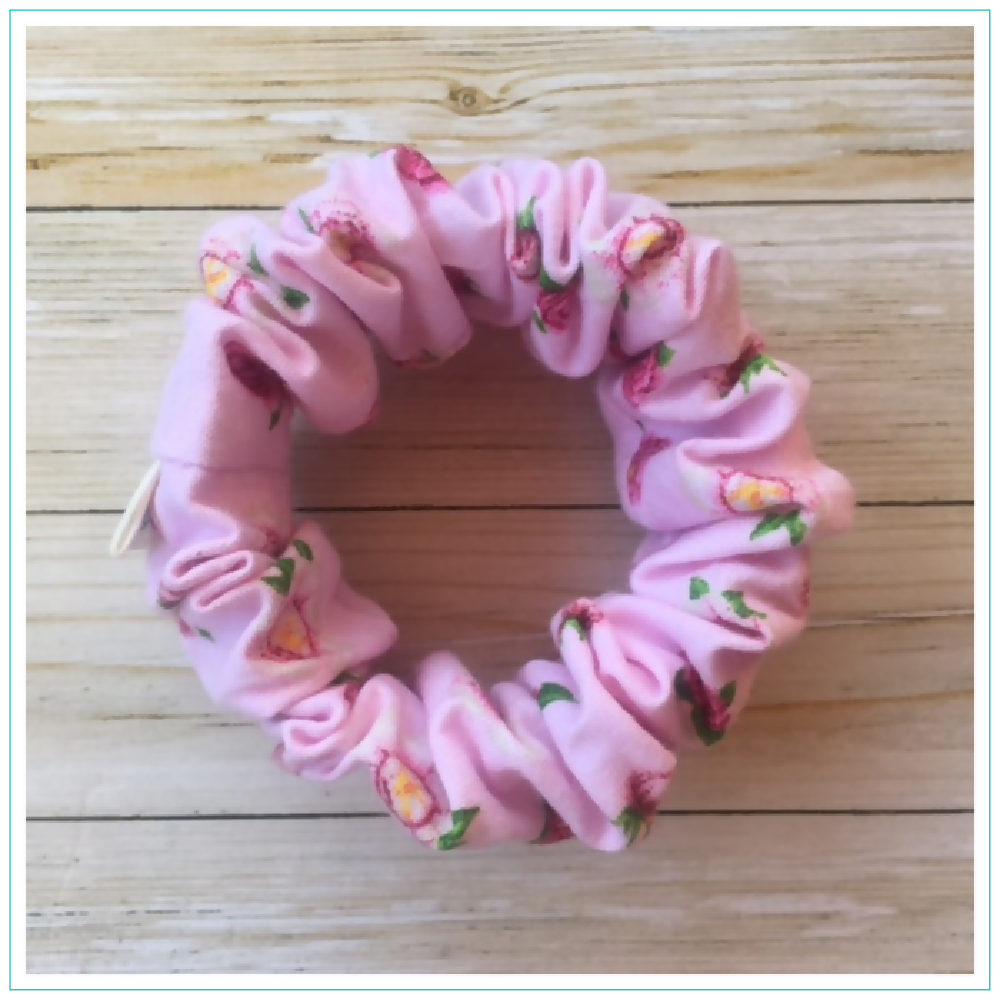 Pink Flowers Scrunchie - Wide Elastic - 100% Cotton