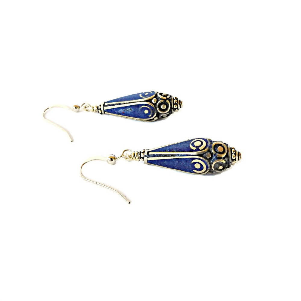 Exotic Boho Lapis Lazuli and Gold Nepal Earrings