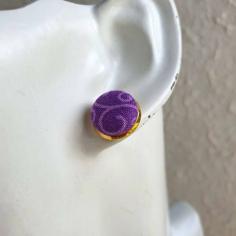 1.4cm Round Cabochon Purple plant pattern fabric stud earrings No.15