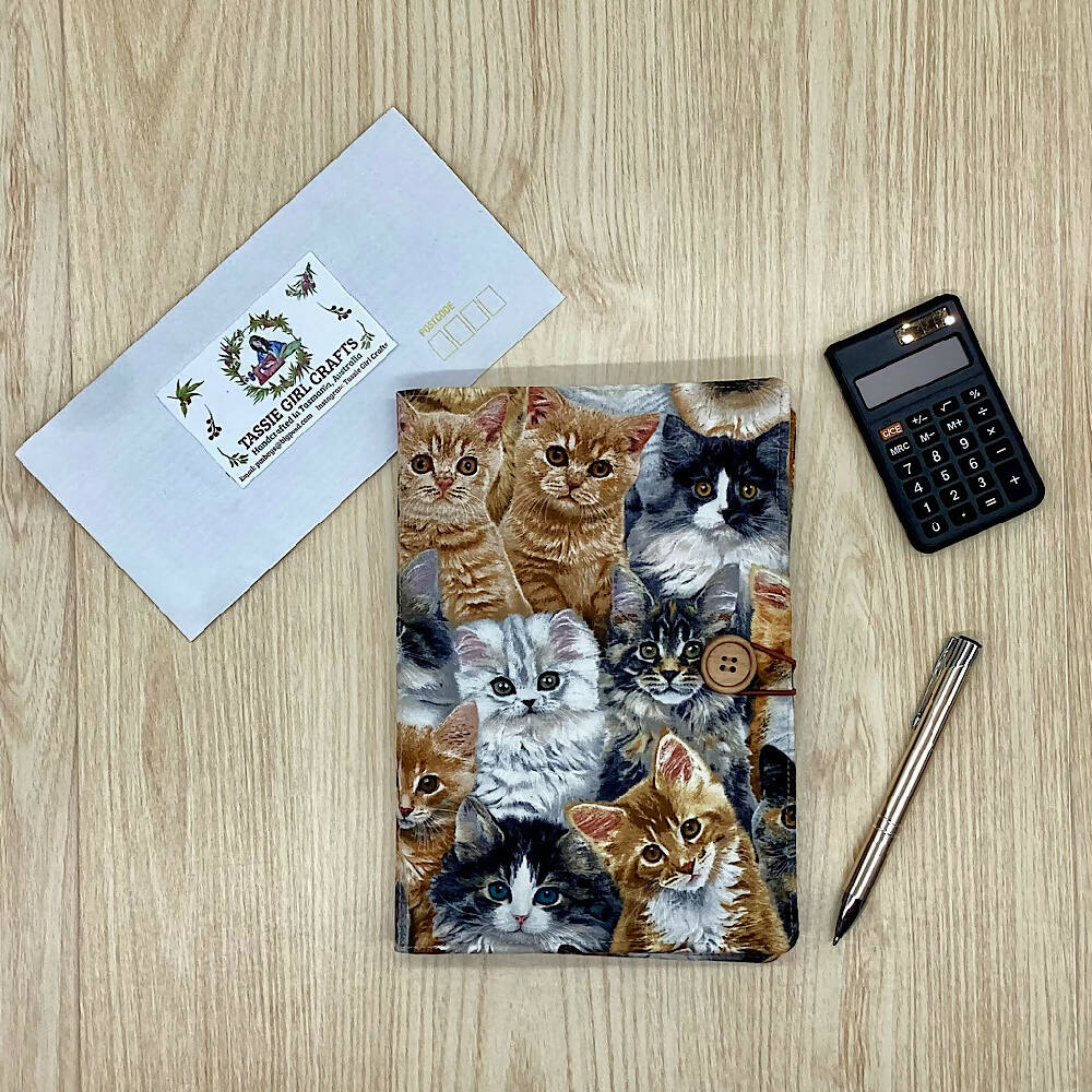 Cats and kittens refillable A5 fabric notebook cover gift set - Incl. book and pen.