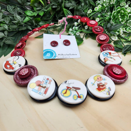Button Necklace - Old Fashioned Toys - Earrings + Necklace