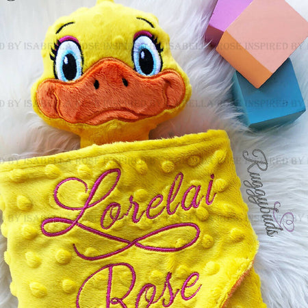 Baby comforter, Embroidered name, Duck themed Ruggybud, Made to order