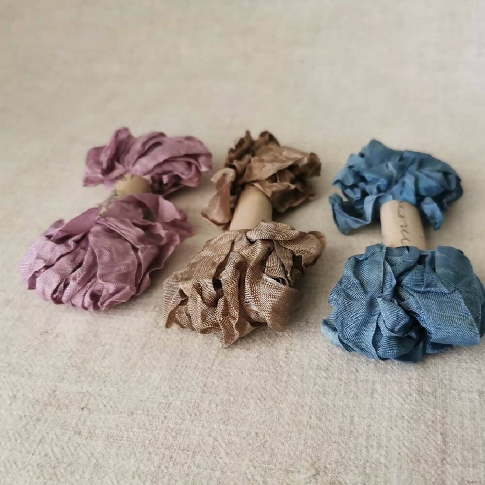 5m x 3 Hand Dyed Crinkled Seam Binding Ribbon - Denim, Cocoa & Mauve