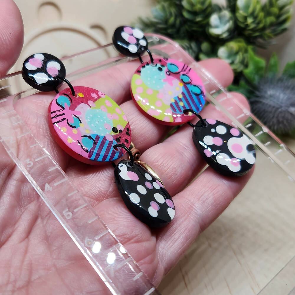 Pink Abstract Trio Dangle Earrings - Hand Painted - Handcast Resin - Anne