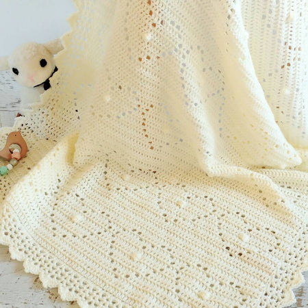 Baby Blanket | Afghan | Cream/Off White | Handmade | Crochet | Newborn | Vintage | Hearts & Bobbles