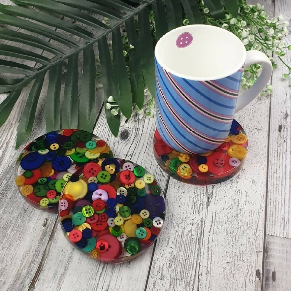 Coaster - RAINBOW - Button & Resin Mix - Drink Mug Glass - Paperweight - SINGLE