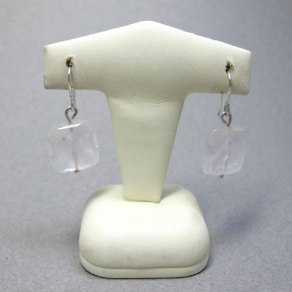 Rose quartz square cushion sterling silver earrings 3