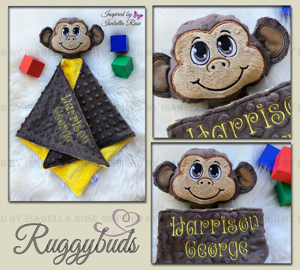 Baby comforter, Embroidered name, Monkey themed Ruggybud, Made to order