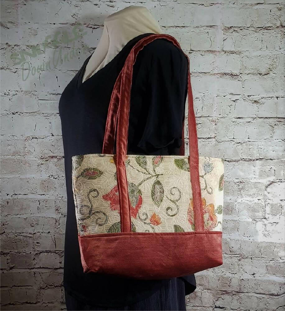 Tote Bag - Peach Velvet and Flower Brocade Tapestry