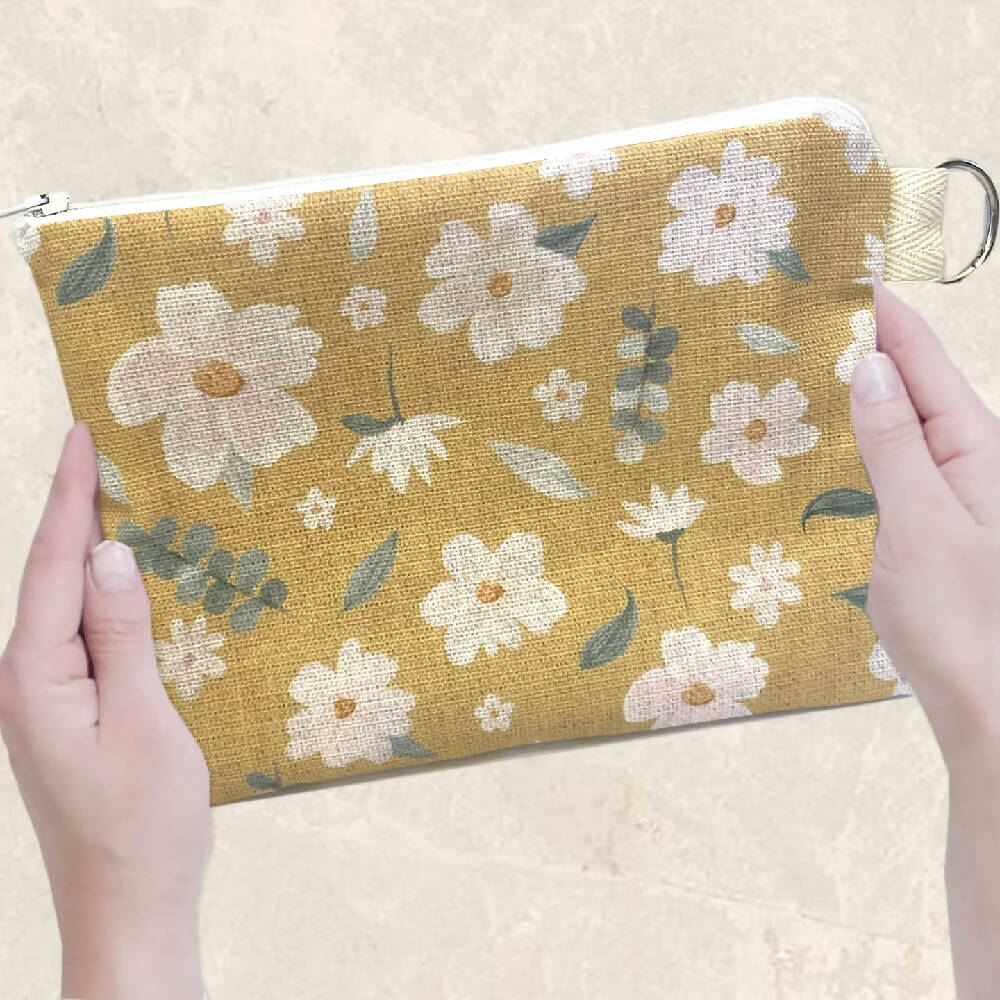 zp-029-White-Watercolour-Flowers-on-Mustard-Zipper-Pouch-F