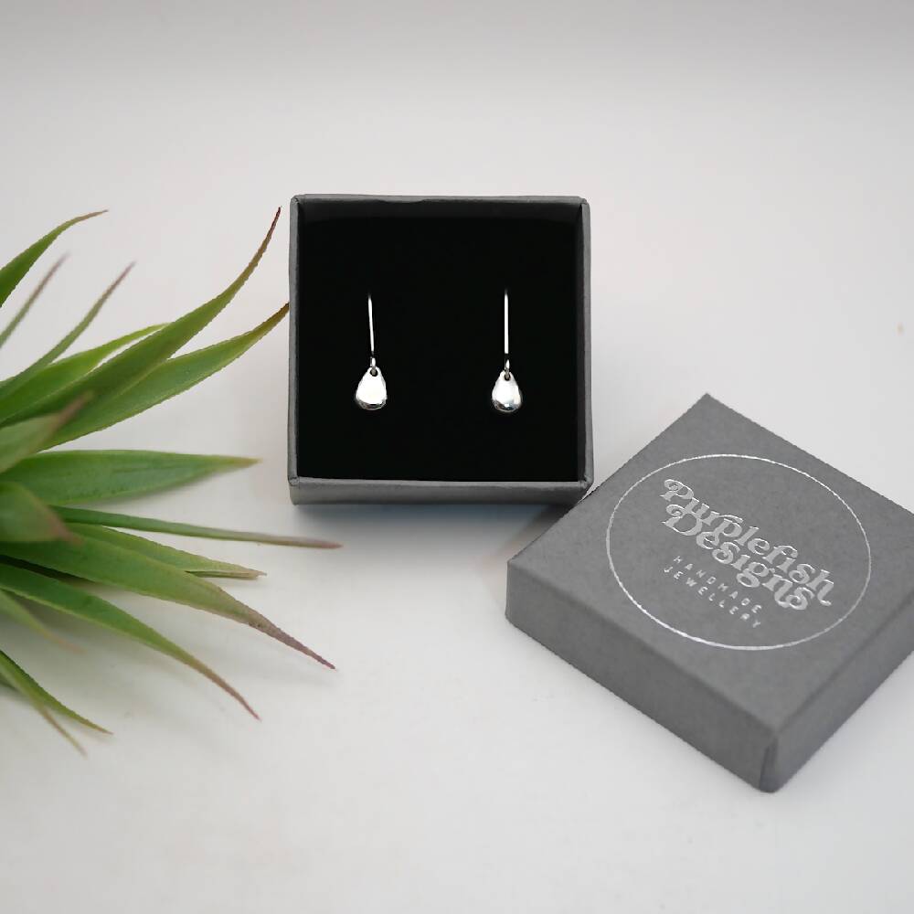 Image of a pair of sterling silver egg shaped earrings in a small grey jewellery gift box embossed with silver Purplefish Designs Handmade Jewellery logo. Box is on a white background with a decorative green plant.