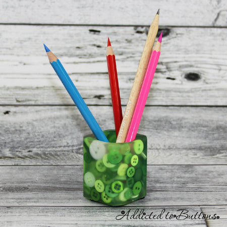 Pencil Pot - Buttons & Resin - GREEN - Toothpicks & Trinkets