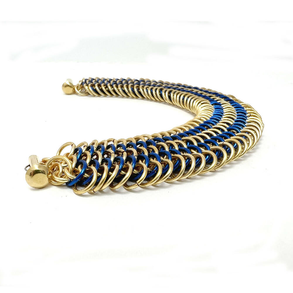 Dragonscale | Gold and blue handmade chain cuff bracelet