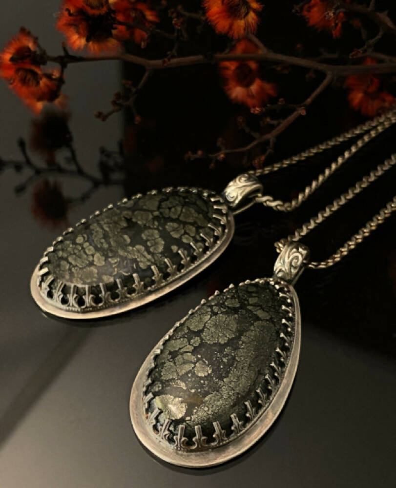 Pendant Sterling Silver Pyrite Pendant Oval Gothic Combo