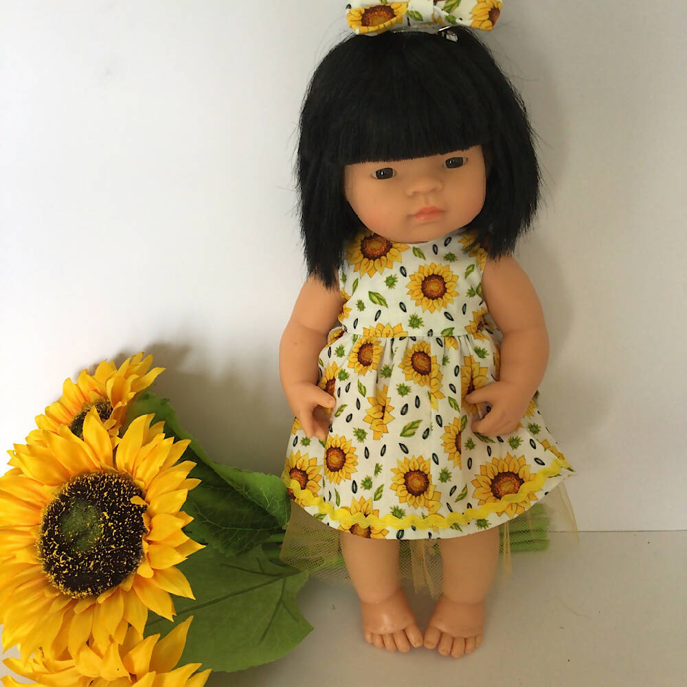 Sunflower dolls dress, knickers, bow set34-38 cm doll Minikane Miniland white