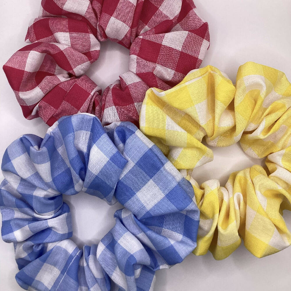 Gingham Scrunchies Pink yellow blue print view