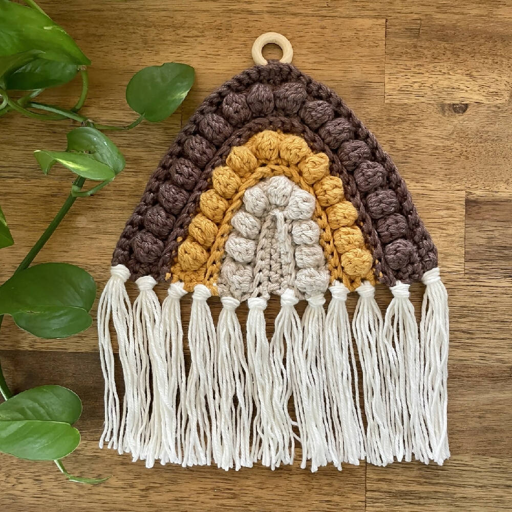 Crochet Rainbow Wall Hanging - Blue, silver & white