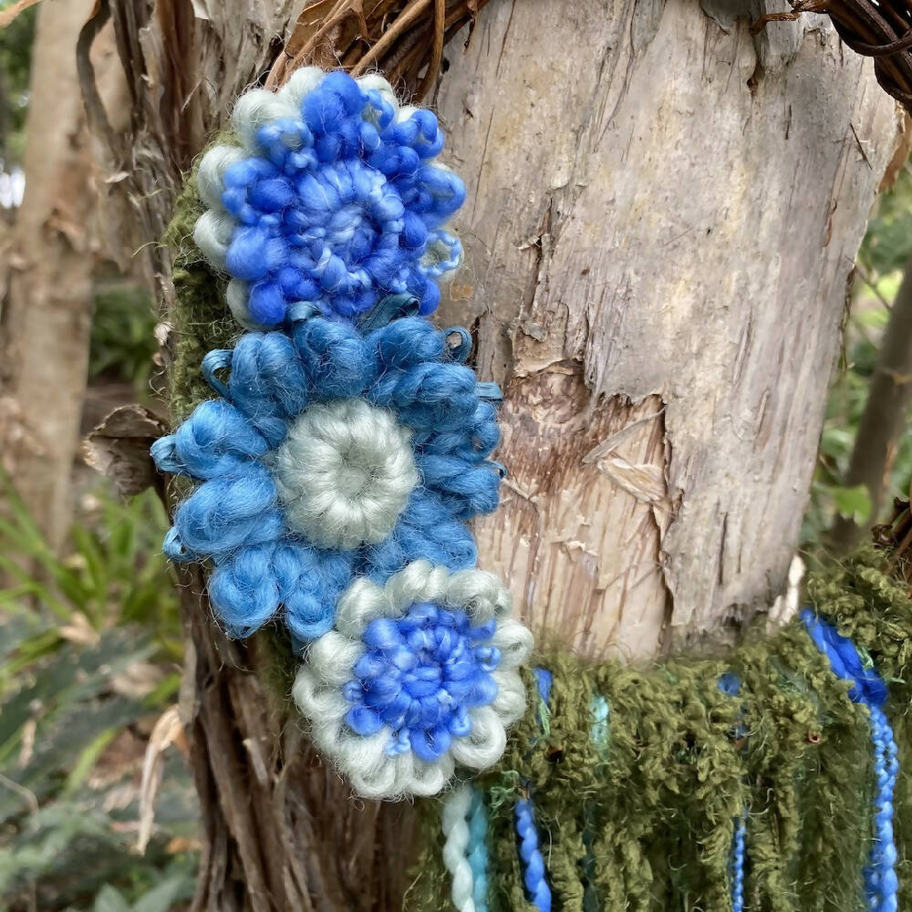 Wreath Grapevine Blue Yarn Flowers