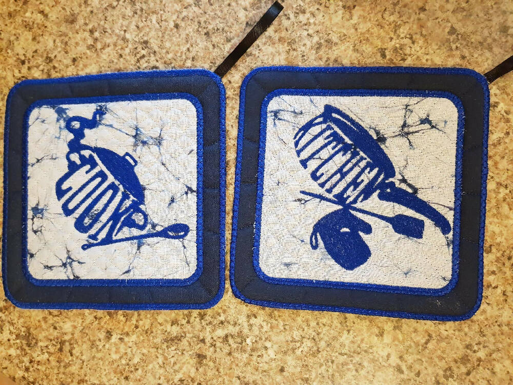 "Cooking Utensils" Embroidered Set of 2 Blue Pt Holders