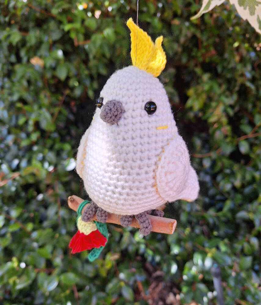 crocheted sulphur crested cockatoo on perch room decoration