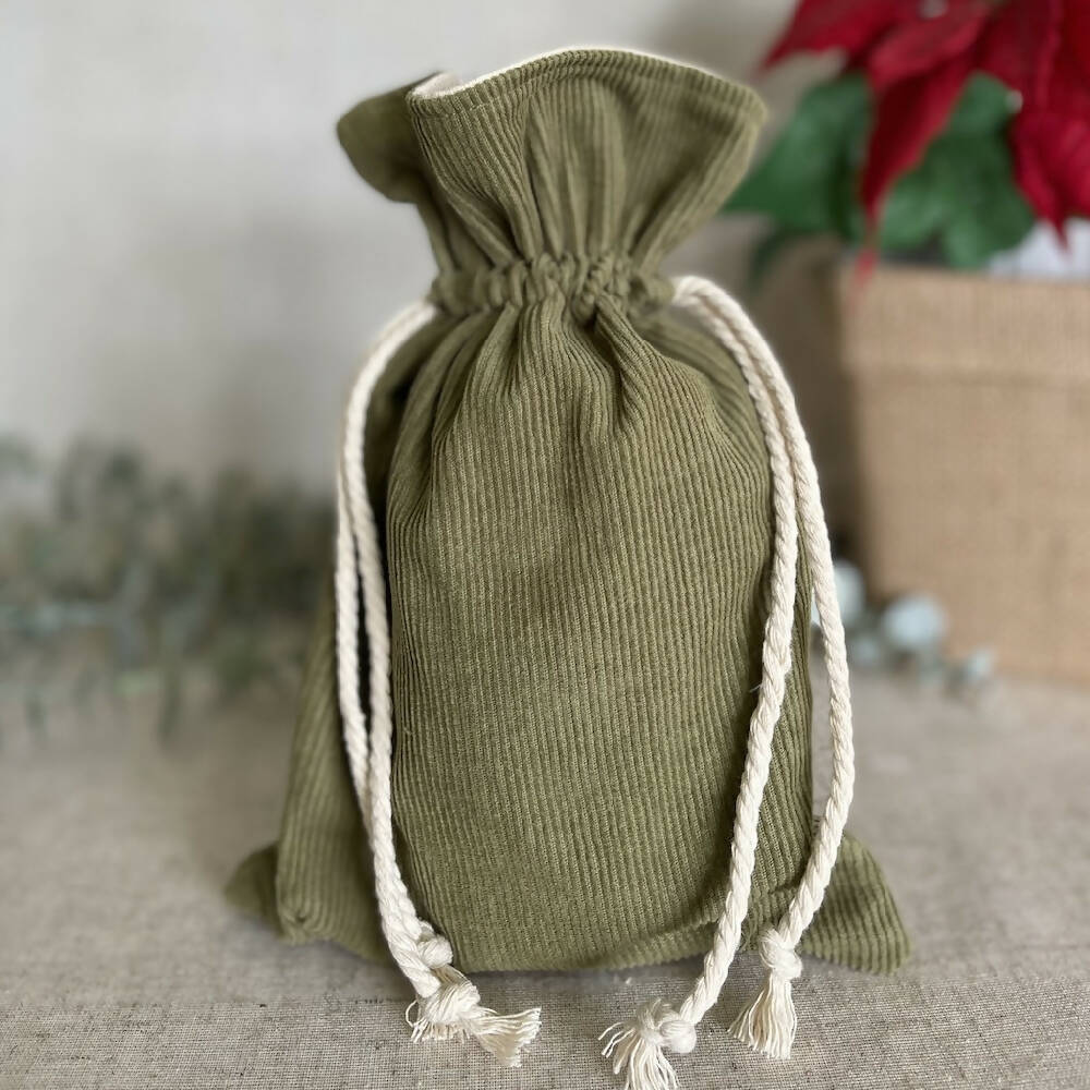 Christmas Reusable Fabric Gift Bag - Green Corduroy