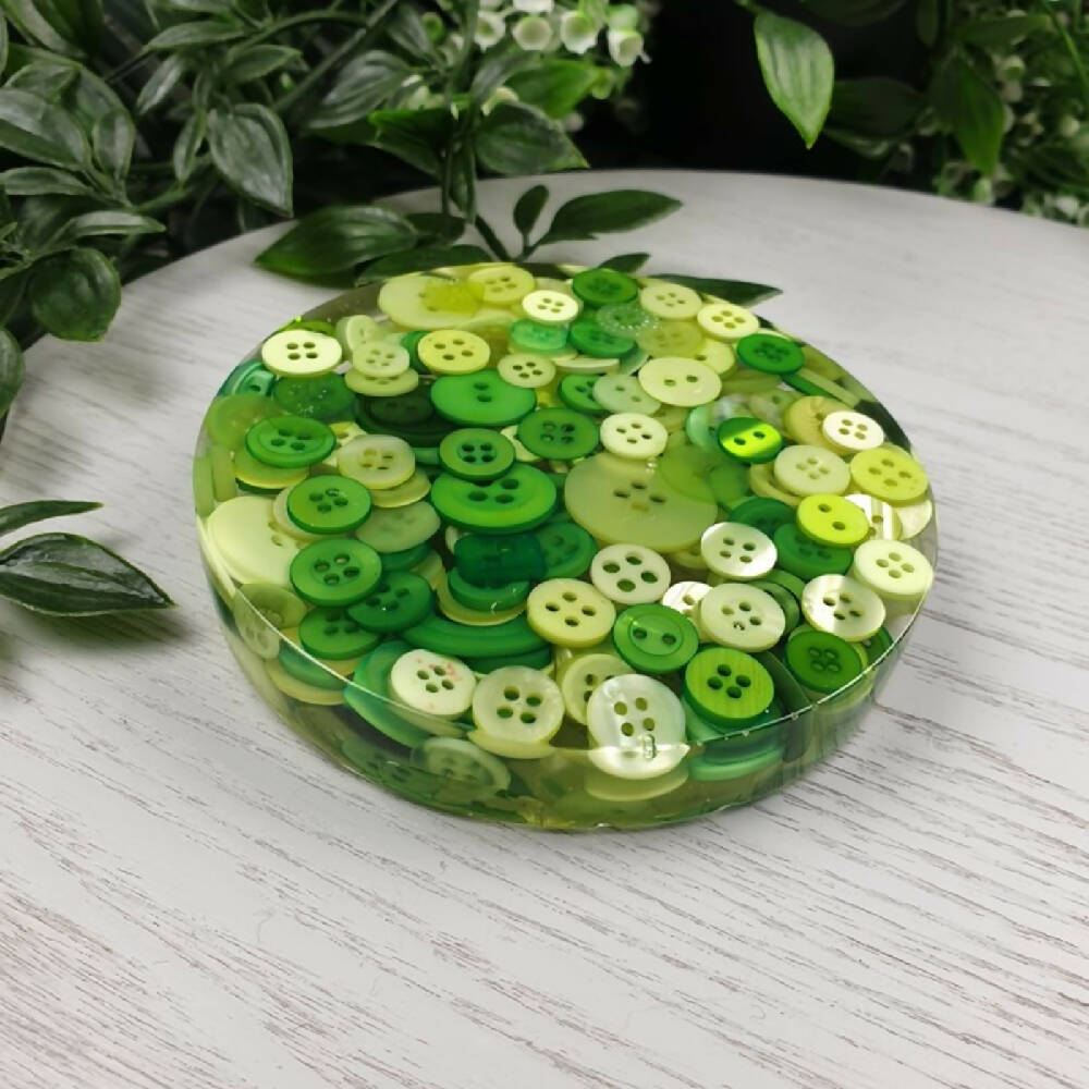 Coaster - GREEN - Button & Resin Mix - Drink Mug Glass - Paperweight - SINGLE