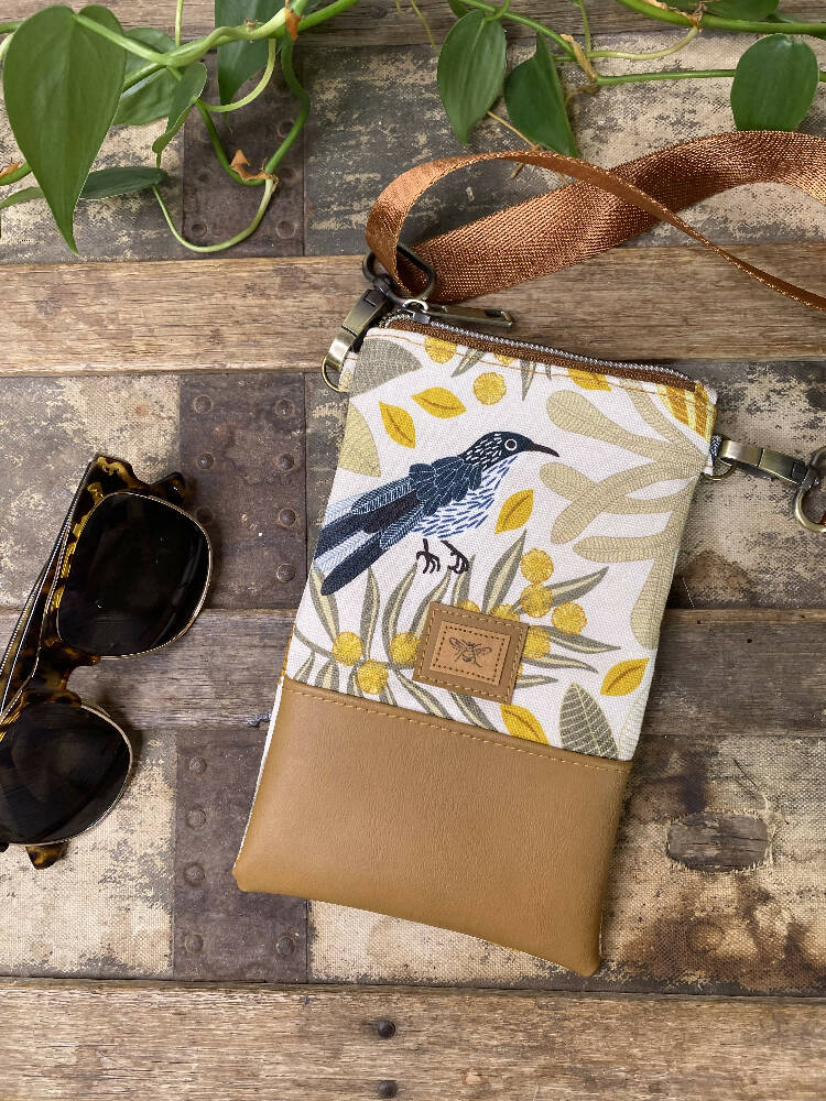 Mini & Small Crossbody Bag - Wattle Bird & Banksia/Tan Faux Leather