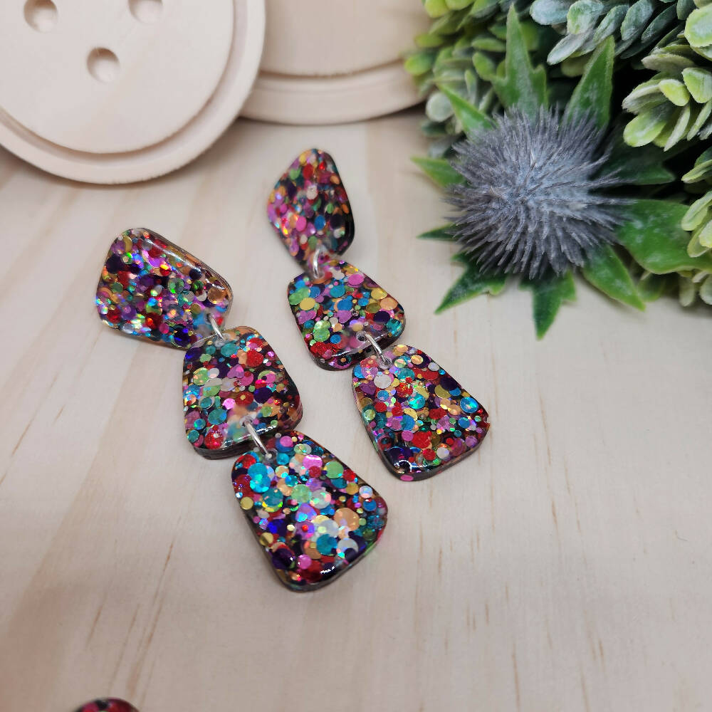 Dangle Earrings Rainbow Pop Sparkle - Resin - Stud Top