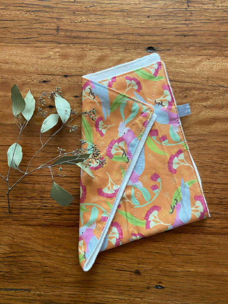 burp cloth - galahs orange / organic cotton hemp fleecy / baby toddler