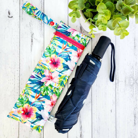 Umbrella Bag, Waterproof Reusable Zip Bag, Bright Tropical, Hot Pink Zip