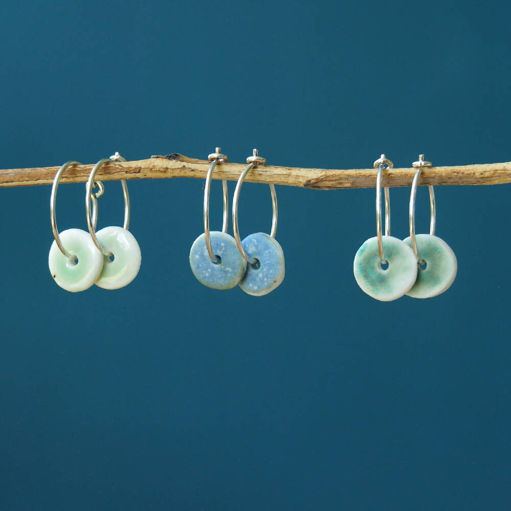 Porcelain mini hoop earrings; 925 sterling silver