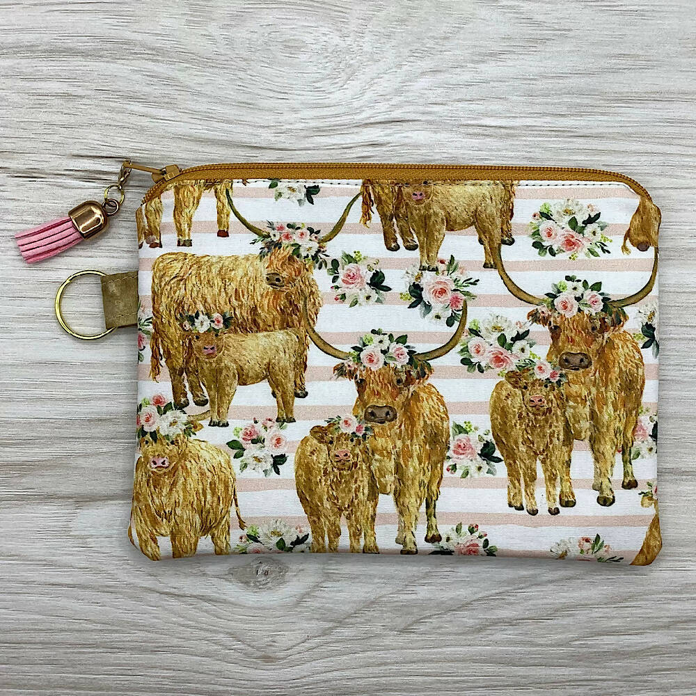 Highland Cows Cattle Zip Pouch (18cm x 13cm). Fully lined, lightly padded