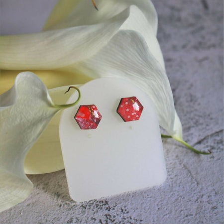 Sunset Sands Collection | Resin Hexagon Studs Earrings| Red Shimmer