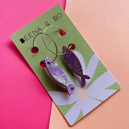 Lilac fish hoop earrings