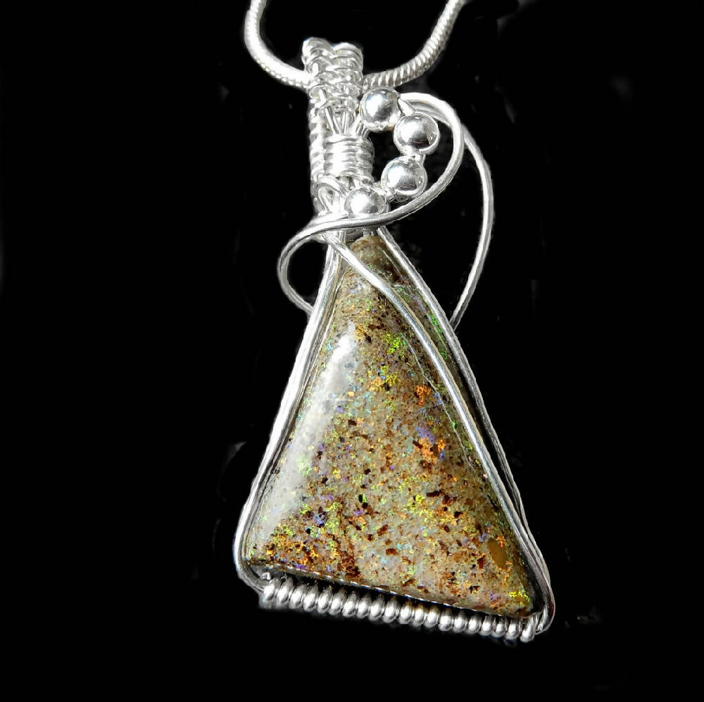 Andamooka Rainbow opal pendant Sterling wire wrapped