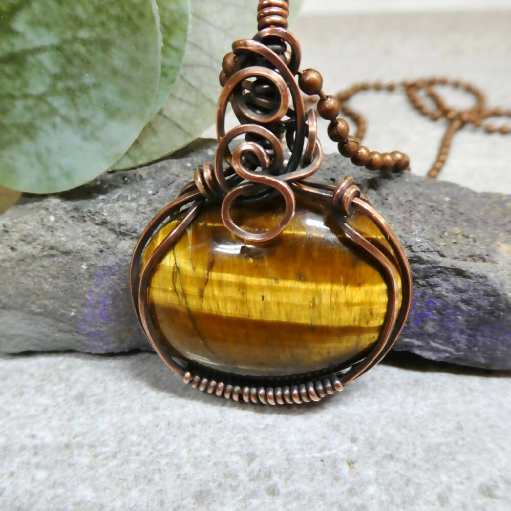 Golden Tiger Eye pendant, copper wire wrapped