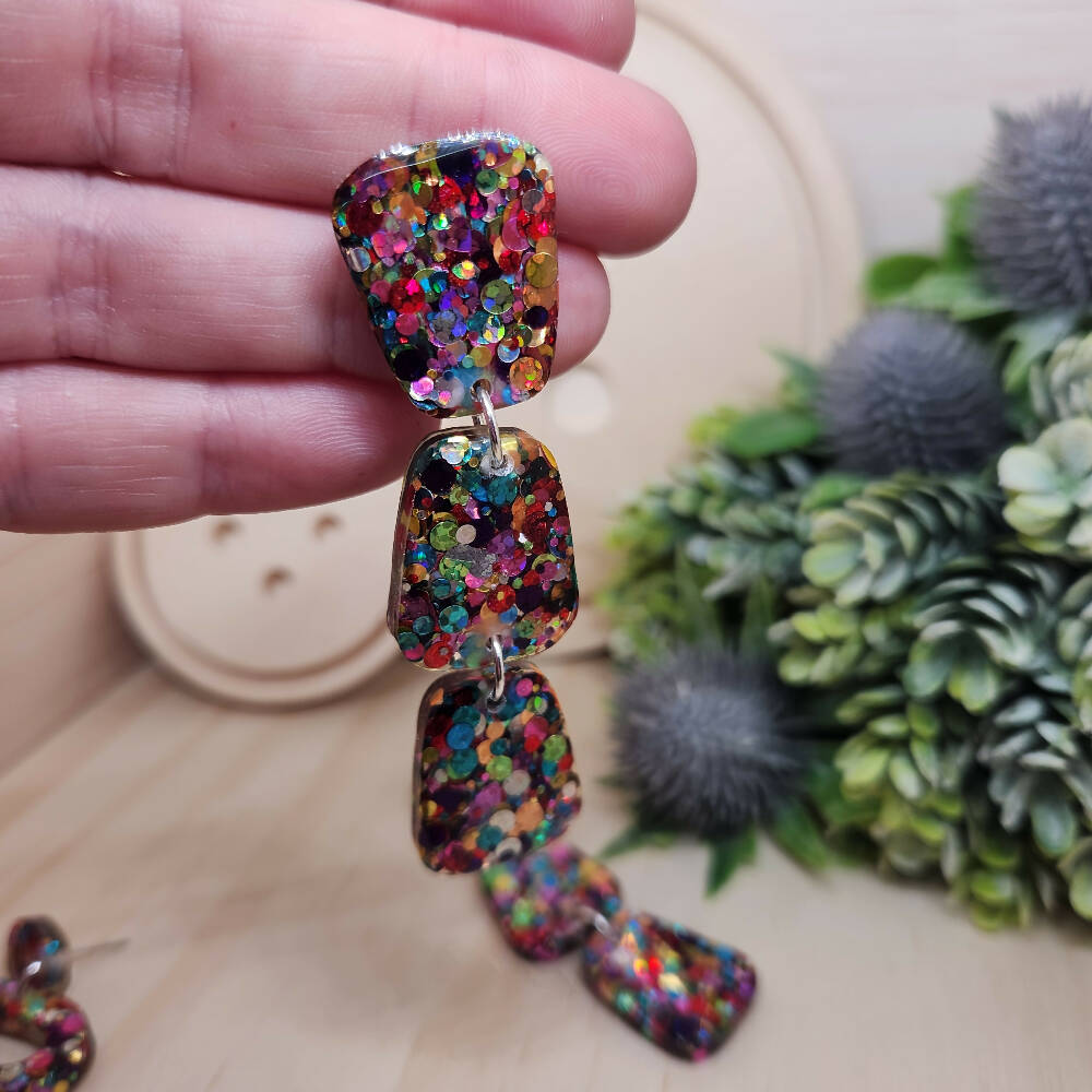 Dangle Earrings Rainbow Pop Sparkle - Resin - Stud Top