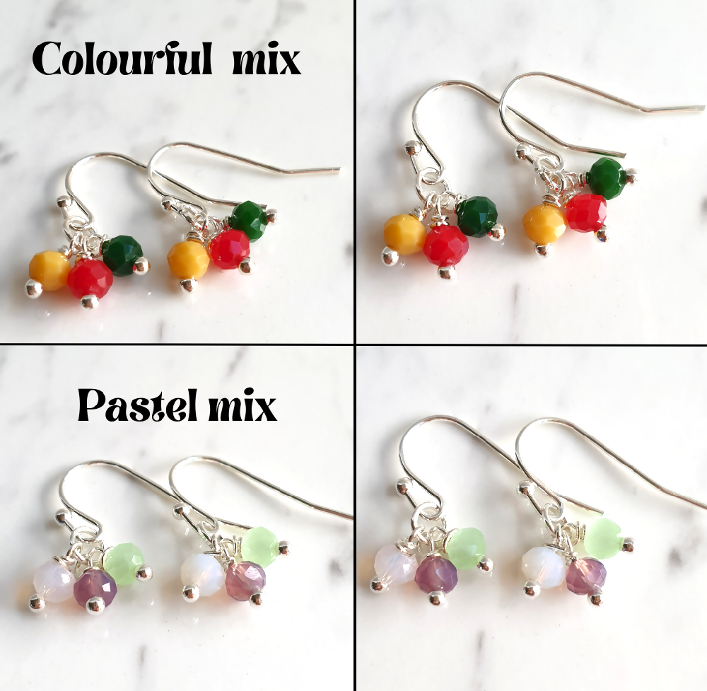 Small 3 mixed colour Cut glass bead drop earrings / Art deco Modern style