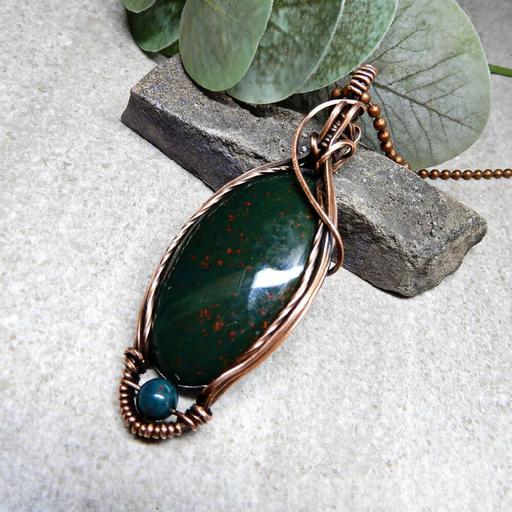 Large Bloodstone pendant copper wire wrapped statement gemstone