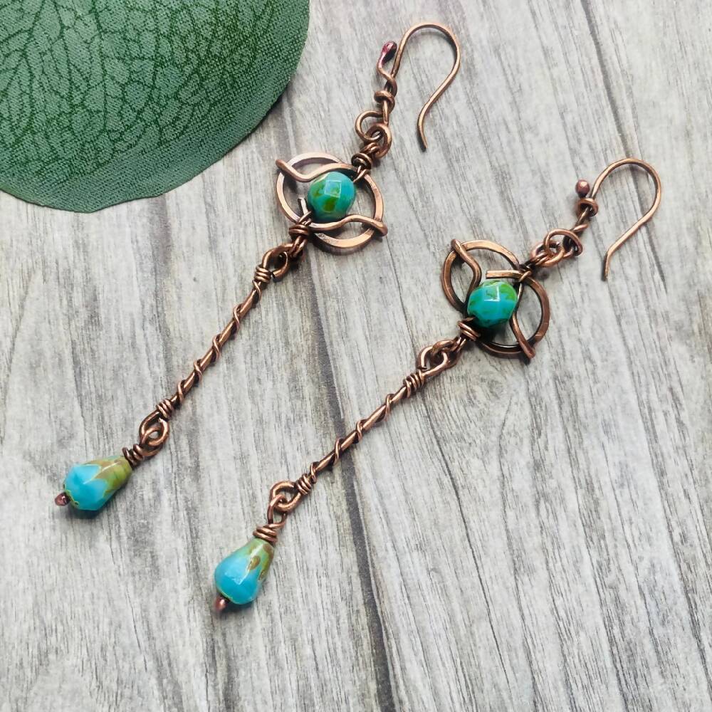 Czech Turquoise Long Wire Wrapped Earrings