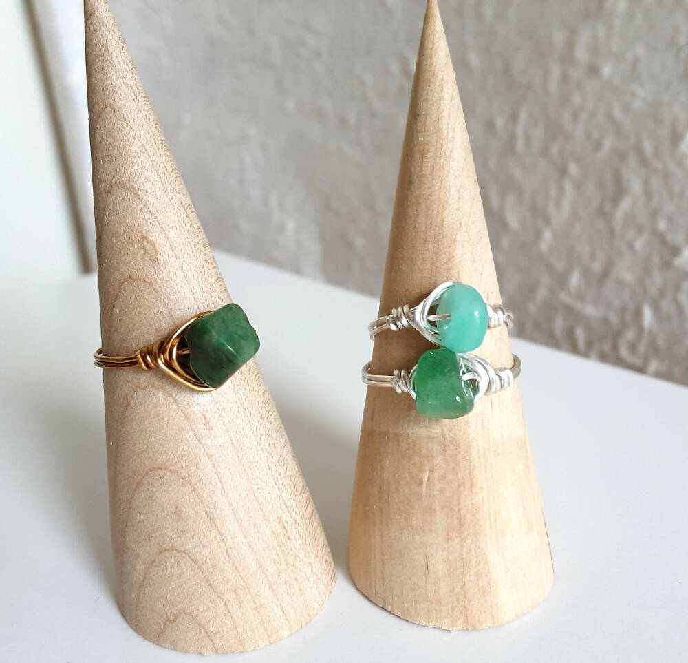 Single Natural gemstone wire wrap ring , Jade Green Aventurine Amazonite