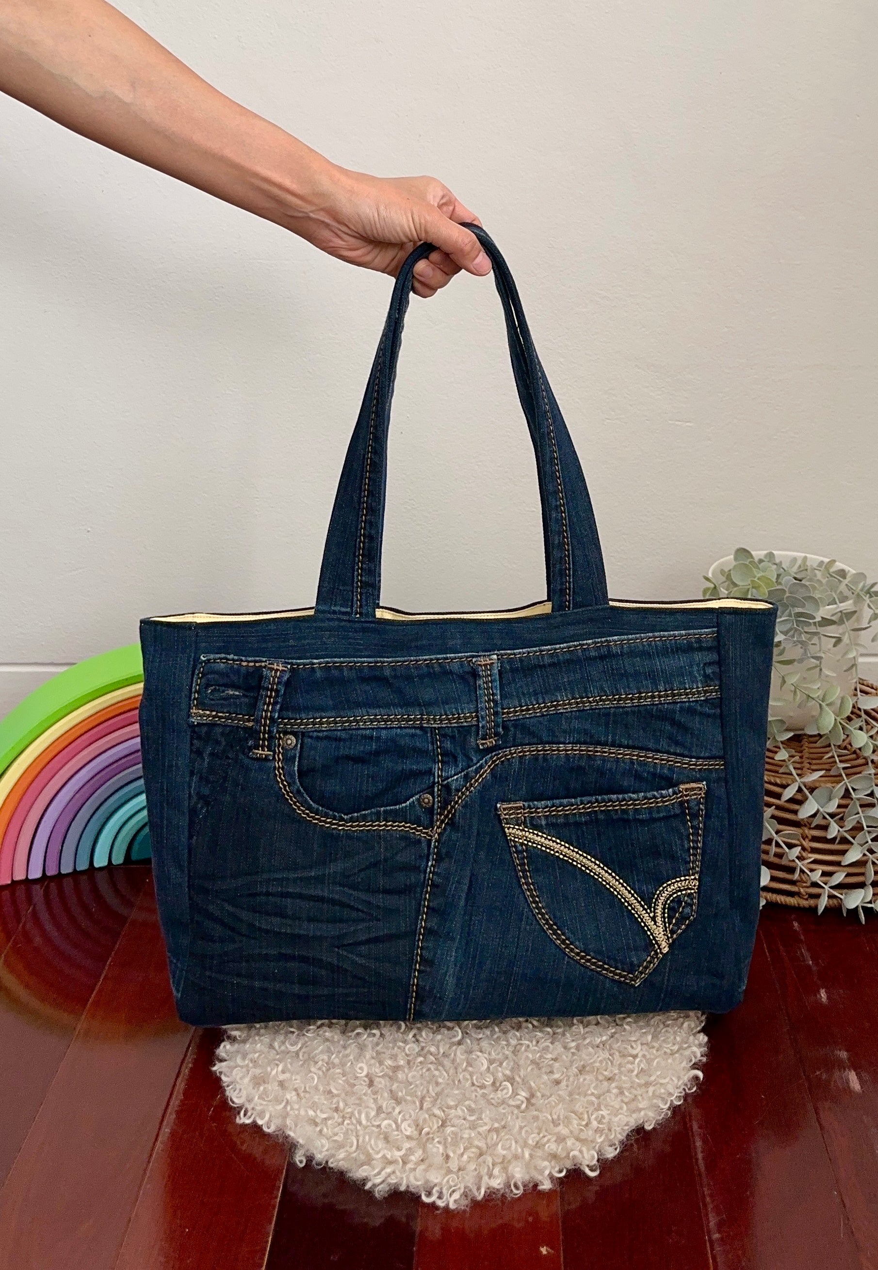 Upcycled Denim Tote with Tailored Lining