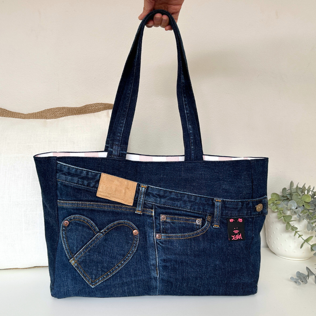 Boxing Day Sale - Upcycled Denim Tote with Heart Pocket