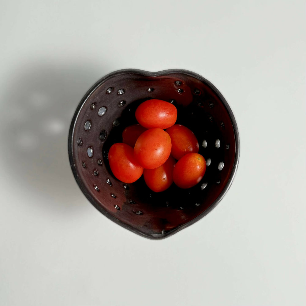 Australian-Ceramic-Pottery-Artist -Ana-Ceramica-Handmade-Home-Decor-Kitchen-and-Dining-Servingware-Heart-Berry-Bowl-Colander-Black-Clay-Wheel-Thrown-Pottery