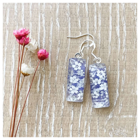 Purple Earrings with Little White Flowers handmade with Glass and Paper