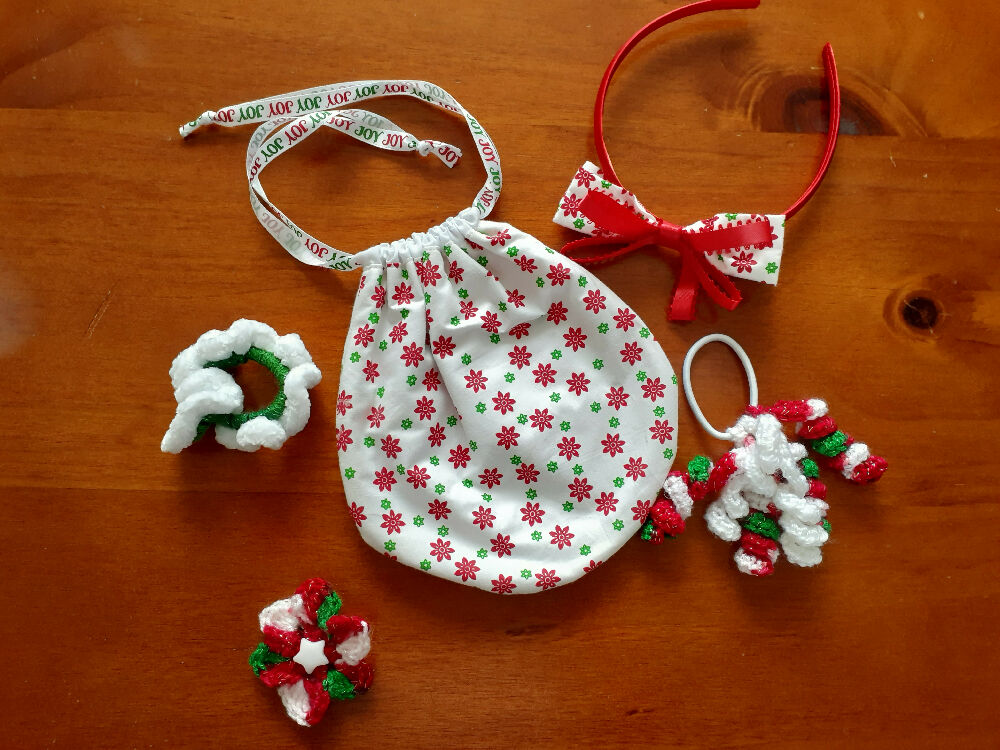 Children's Drawstring Christmas Bags with Hair Accessories